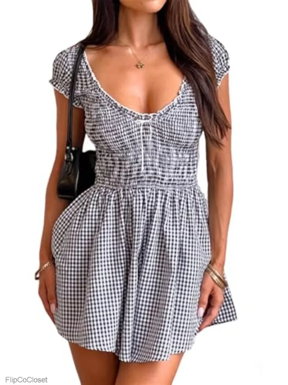 Women's Gingham Romper Jumpsuit Smocked High Waist Shorts Casual Summer